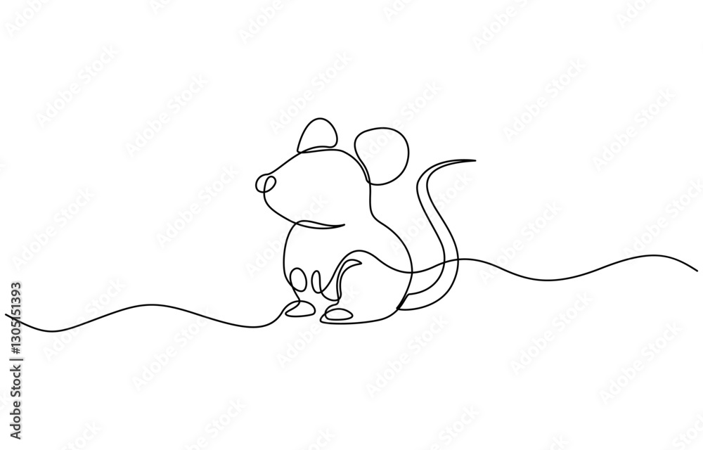 Fototapeta premium Mouse one line drawing on white background vector illustration, Abstract rat,mouse,continuous one line art hand drawing sketch, Mouse in continuous line art drawing style.