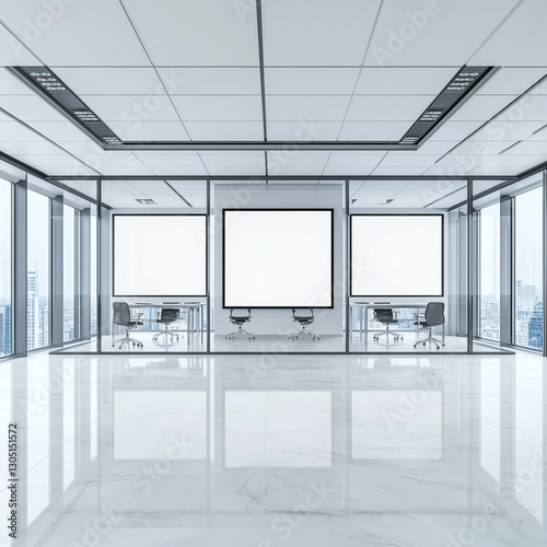 Modern office with large blank screens and sleek design.