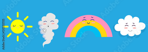 Cute weather characters with smiling sun, cloud, rainbow, and wind on a bright blue background. Cute cartoon weather forecaster characters with funny faces.