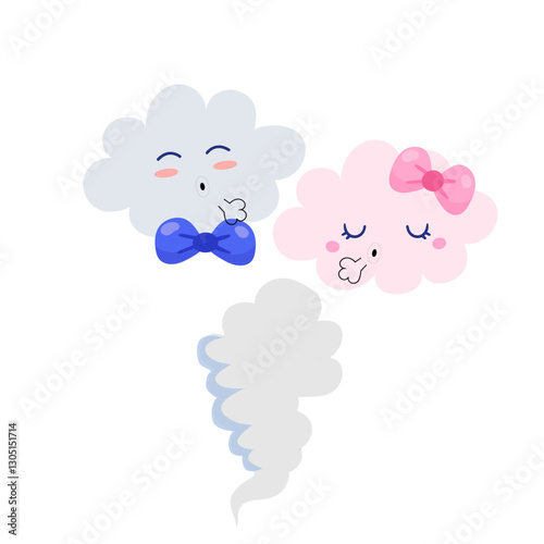 Cute cartoon clouds blowing wind with smiling faces, blue and pink with bows in a playful weather theme. Cute  weather forecaster characters with funny faces.