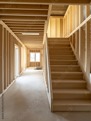New home construction, interior view of a staircase in a house under construction.