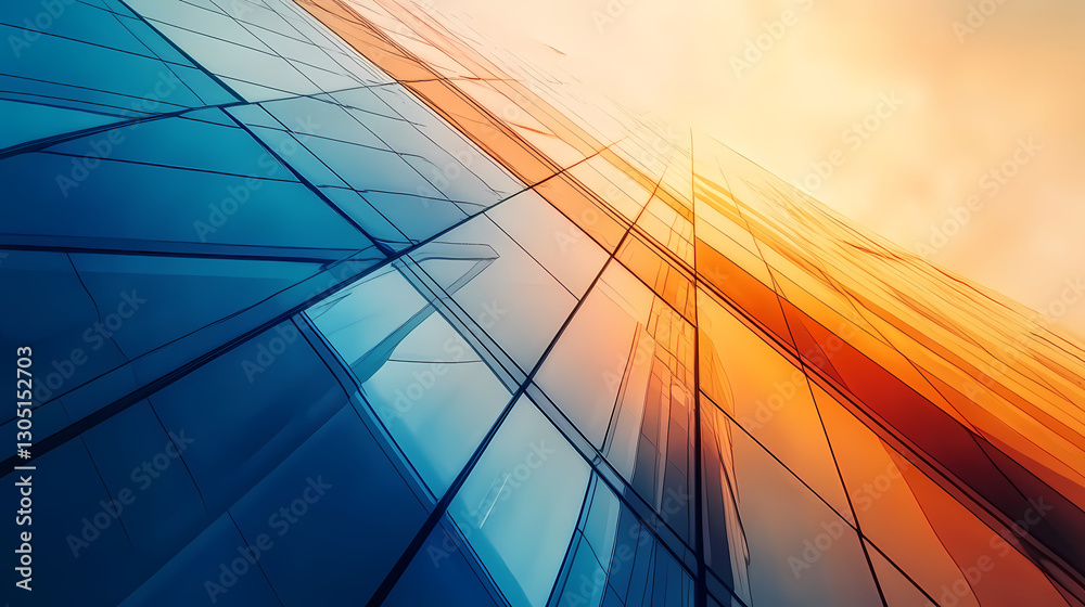 Fototapeta premium Blue-Orange Gradient Building Reflecting in Sunset