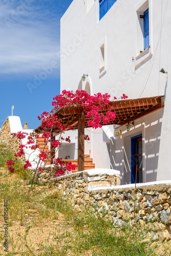 Obraz na płótnie Bougainvillea flowers. Summer Greek villa on Ano Koufonisi island. Greece w salonie