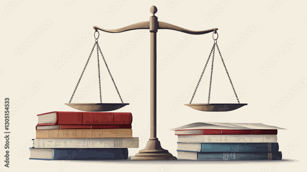 A digital illustration depicting a pair of scales of justice. The scales are brown wood-like material with metallic-appearing detailing. Each scale pan holds a stack of books, one stack A digital illustration depicting a pair of scales of justice. The scales are brown wood-like material with metallic-appearing detailing. Each scale pan holds a stack of books, one stack