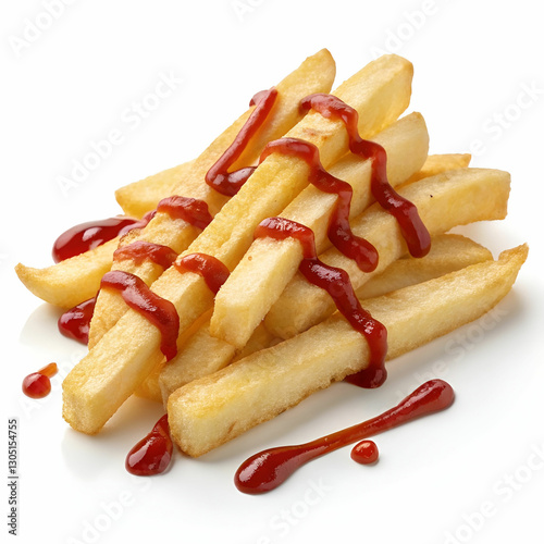 French fries with ketchup on a transparent background.