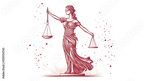 A stylized vector illustration of Lady Justice, a female figure holding scales of justice. The figure is depicted in a flowing robe and is rendered in shades of red. The background includes a