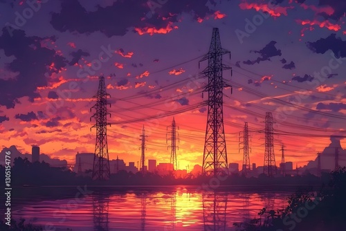 A vibrant sunset illuminates the city skyline, framed by towering power lines.
