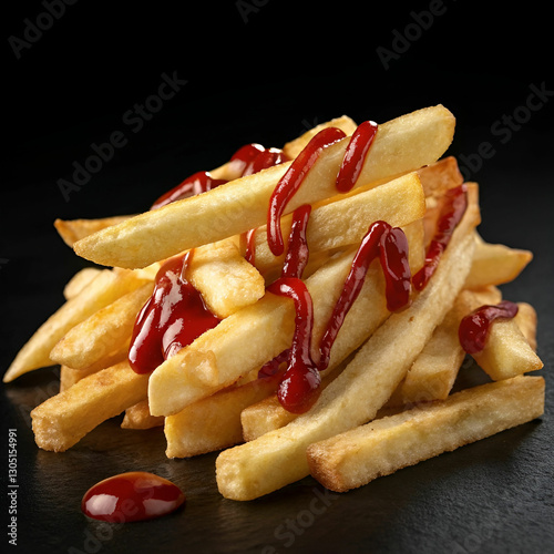 French fries with ketchup on a transparent background.