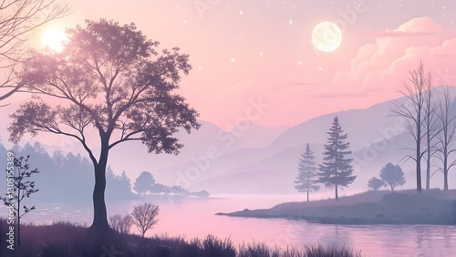 Pastel Landscape with Twin Suns and Misty River
