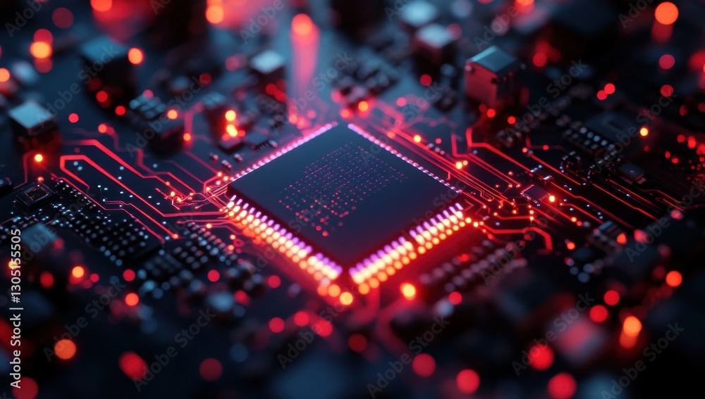 Close-Up View of a High-Tech Microprocessor with Glowing Red Circuits and Connections on a Modern Circuit Board Close-Up View of a High-Tech Microprocessor with Glowing Red Circuits and Connections on a Modern Circuit Board