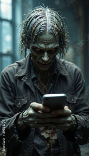 Zombie Addiction - Engrossed in Smartphone, Brainrot Concept photo