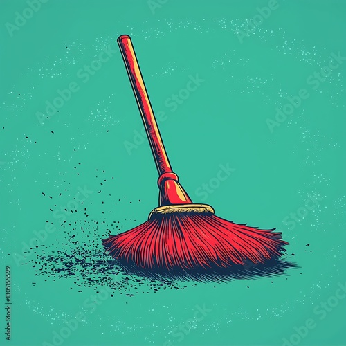 Red broom sweeping teal floor