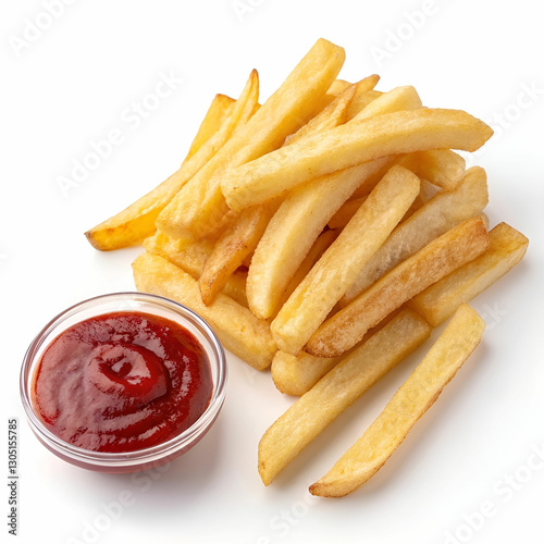 French fries with ketchup on a transparent background.