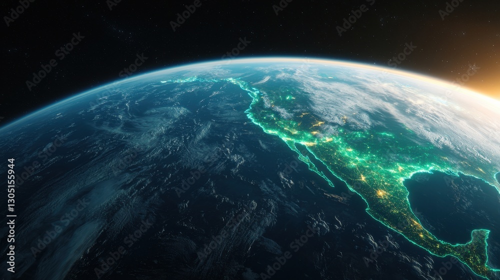 Obraz premium An aerial view of Earth showcasing illuminated landmasses and a vibrant atmosphere, highlighting the beauty of the planet from space.
