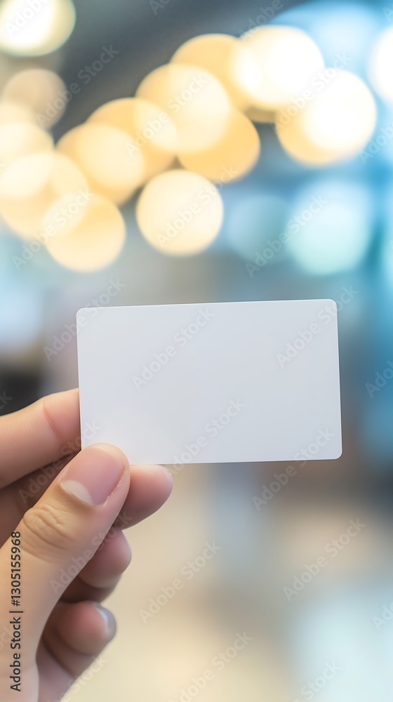 Hand holding blank card in modern indoor setting Hand holding blank card in modern indoor setting