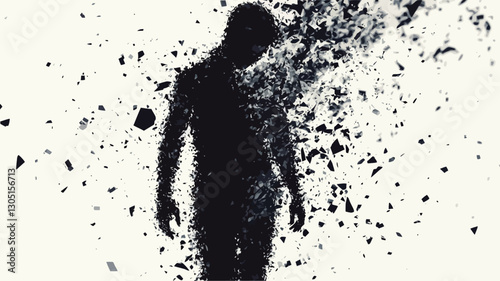 The image depicts a stylized human silhouette in a monochromatic palette of black and white.  The figure appears to be disintegrating, with particles of black seemingly breaking away from its form,