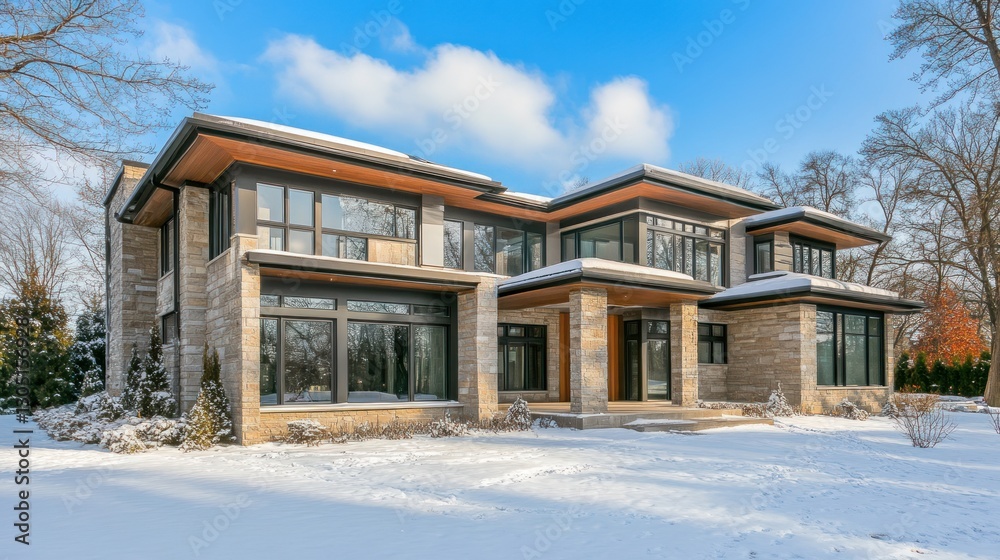 Modern Home Exterior, Winter Day, Sunny Landscape