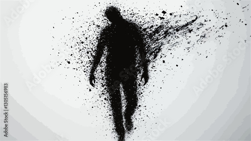 The image is a monochromatic composition featuring a dark silhouette of a human figure against a white background.  The figure appears to be disintegrating, with dark particles or dust emanating