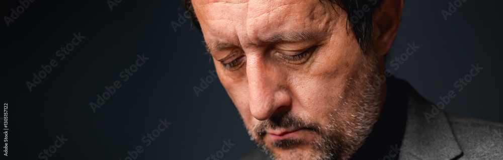 Obraz premium Headshot portrait of disappointed businessman, low key