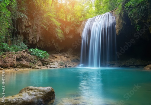Stunning Natural Waterfall Surrounded by Lush Green Forest and Clear Blue Water Under a Bright Sunlight in a Serene Outdoor Setting