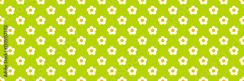 Cute white flowers seamless pattern. White daisies on green background wallpaper design. Vector illustration.