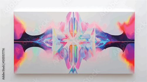 The image shows a digitally created or painted artwork exhibiting strong bilateral symmetry. The piece features a predominantly white background with a central, multi-hued pattern characterized by