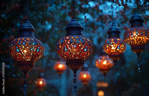  Colorful Ornate Lanterns Illuminated at Dusk, Creating a Magical Ambiance