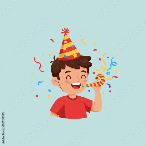 Boy Celebrating with Party Hat Blowing Noise Maker with Confetti Falling