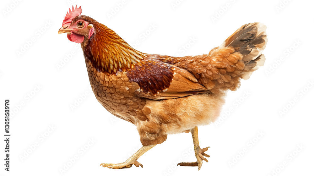 Fototapeta premium A lively brown chicken with feathers slightly ruffled isolated on a transparent background