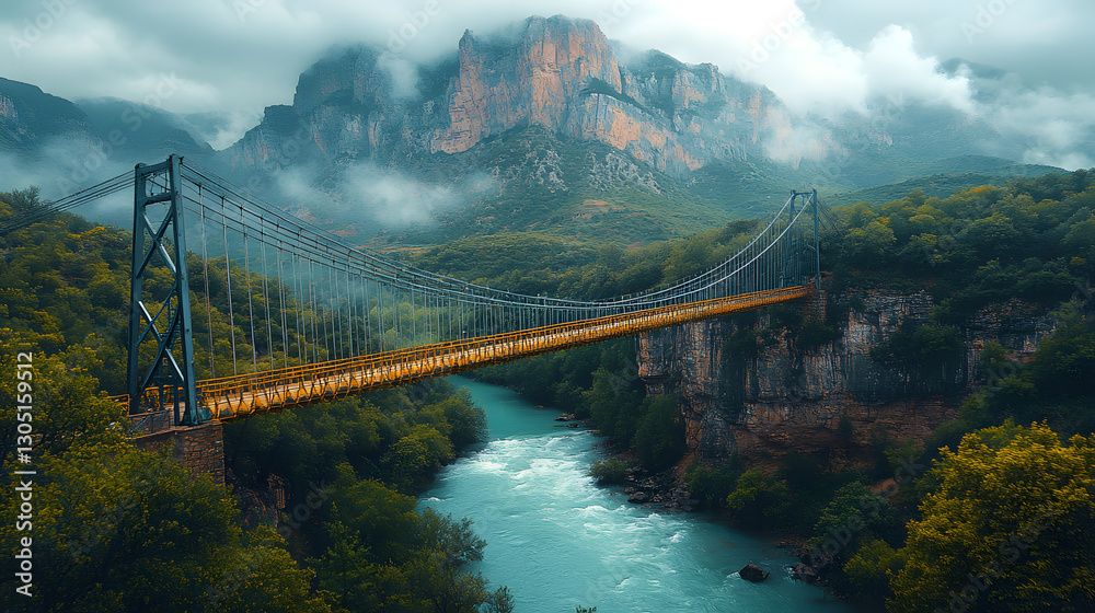 A suspension bridge stretching across a deep mountain gorge, swaying gently in the wind. Below, a roaring river cascades over jagged rocks, while lush green hills rise steeply on both sides,
