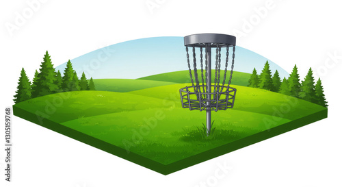 Green Grass & Tree Landscape with Disc Golf Basket, discgolf frisbee sport, isolated transparent png