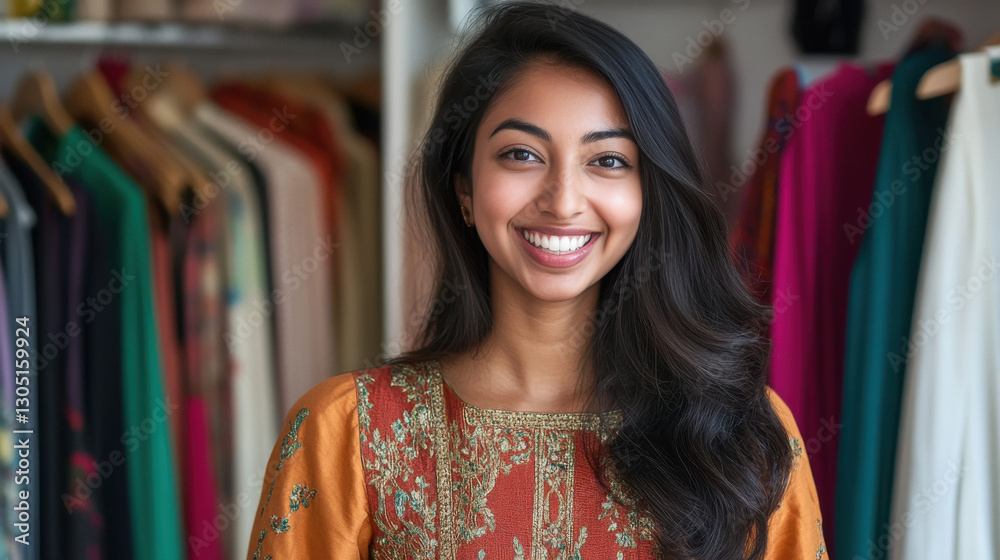 young indian woman standing at cloths store young indian woman standing at cloths store