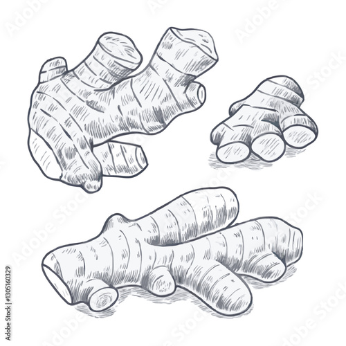 Detailed ginger root sketch illustration, showcasing its natural curves and texture in vintage style. Perfect for culinary designs, food packaging, botanical art, and herbal themes.