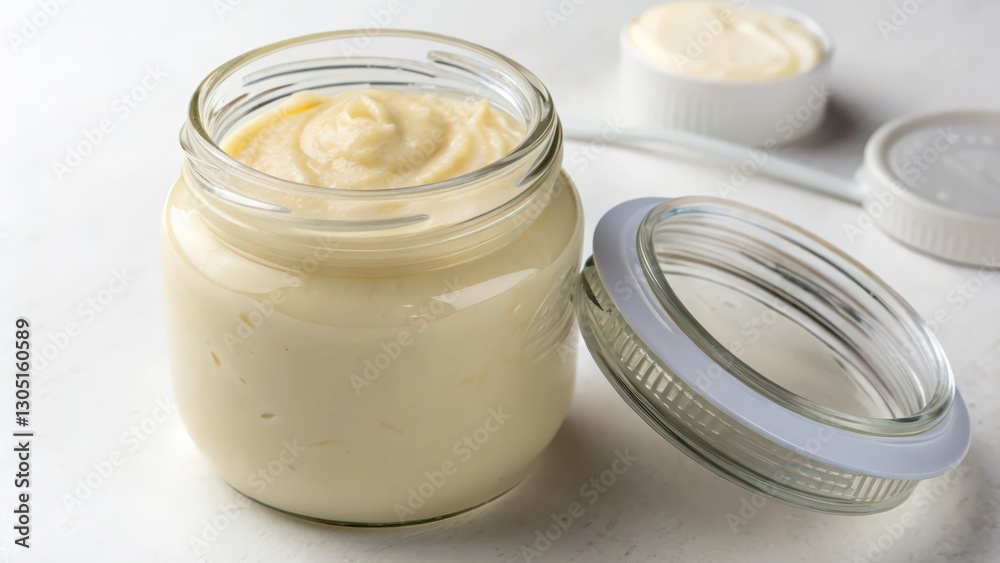 Creamy Substance in Glass Jar on White Background Creamy Substance in Glass Jar on White Background