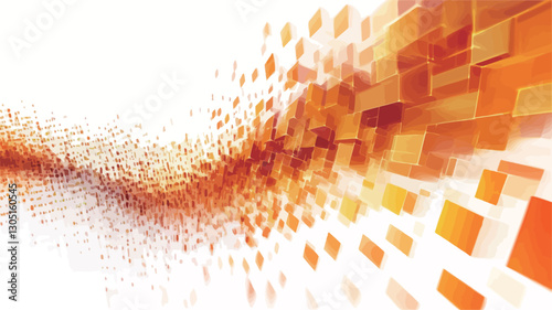 The image is an abstract digital illustration featuring a burst of orange and white cubic shapes.  The cubes vary in size and shade of orange, transitioning from a dense cluster to a scattering of