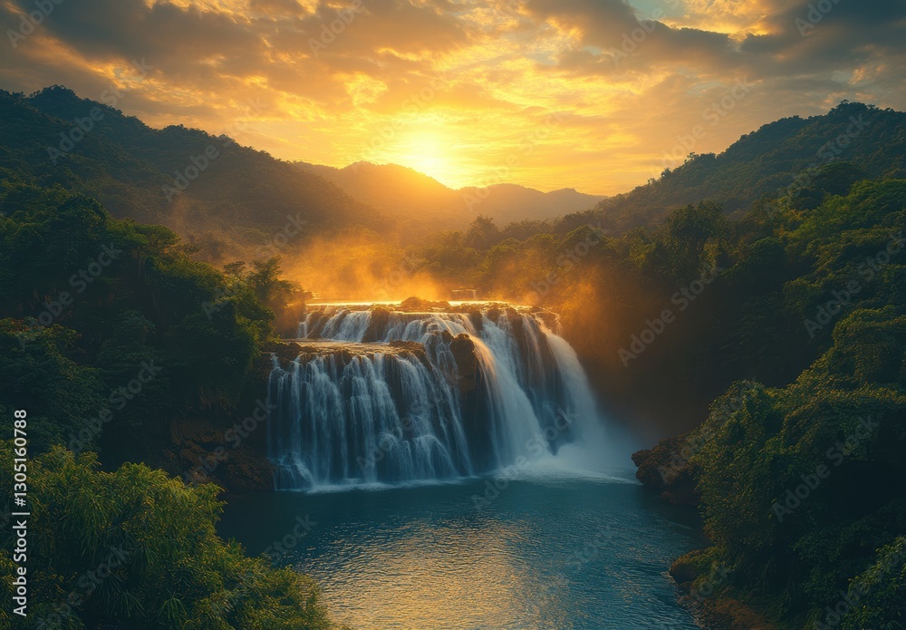 Fototapeta premium Stunning waterfall cascading down rocky cliff surrounded by lush greenery and illuminated by golden sunset light in serene nature landscape