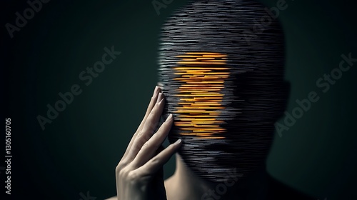 Abstract representation of a human figure with a distorted face, exploring identity and perception