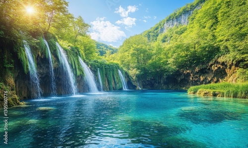 Stunning Waterfall Cascade Surrounded by Lush Greenery Under a Clear Blue Sky with Sunlight Reflecting on a Serene Aquamarine Lake