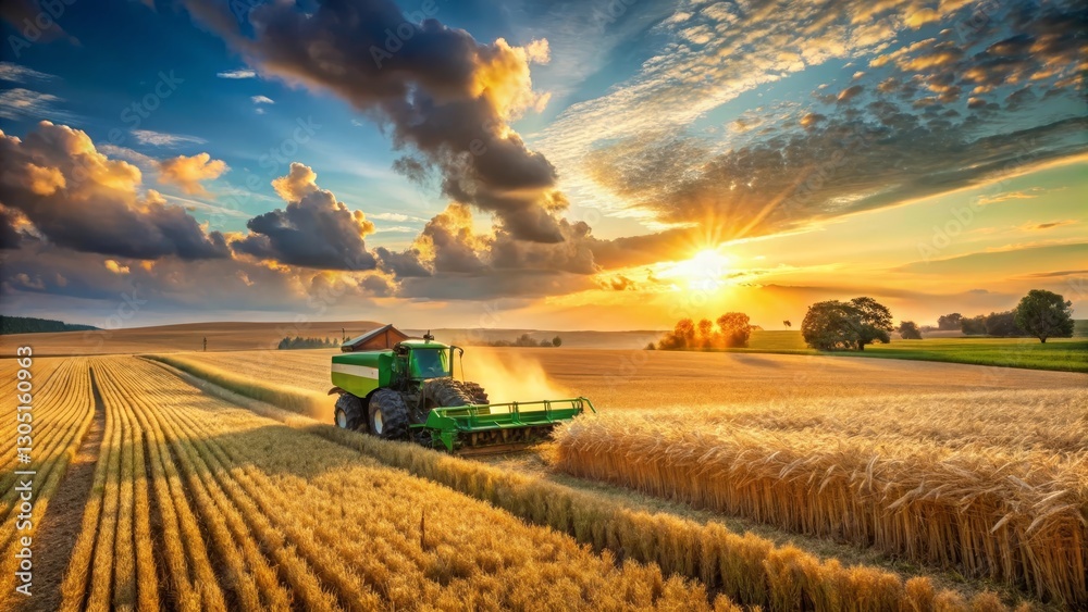 Fototapeta premium Golden Hour Harvest A Combine Harvester Gathers Ripe Grain Under a Dramatic Sunset Sky
