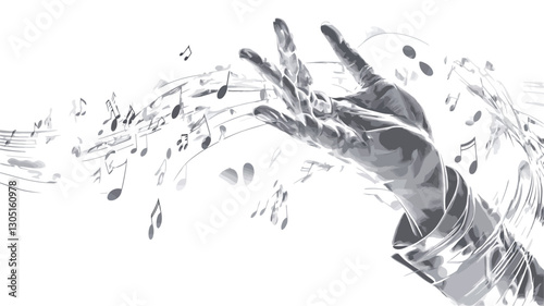 A grayscale abstract image depicting a hand reaching towards a flowing stream of musical notes.  The style is artistic and ethereal, with a soft, delicate quality. The hand is partially visible,