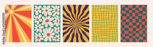 Abstract Groovy backgrounds. Set of psychedelic retro patterns in retro colors. Trendy twisted and checkered funky vector texture in abstract y2k style. Vector graphic for posters and art prints