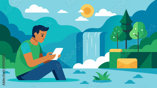 With a scenic waterfall as their backdrop a digital nomad takes a break from swimming to answer emails on their waterproof phone connected to a data cloud.. Vector illustration