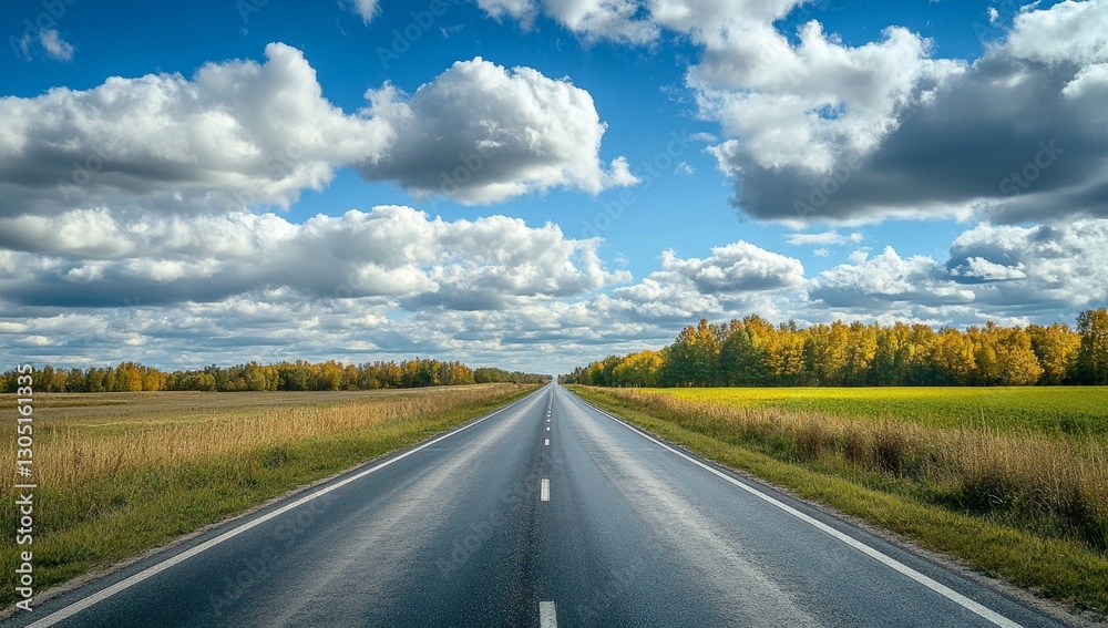 Empty Road Through Autumn Fields Under a Cloudy Sky Empty Road Through Autumn Fields Under a Cloudy Sky