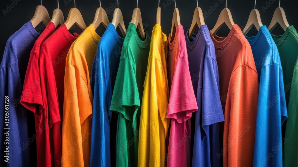 Colorful Display of Rainbow Shirts on Hangers in a Retail Clothing Store Showcasing Vibrant Fashion Choices for Summer Wardrobe Essentials Colorful Display of Rainbow Shirts on Hangers in a Retail Clothing Store Showcasing Vibrant Fashion Choices for Summer Wardrobe Essentials