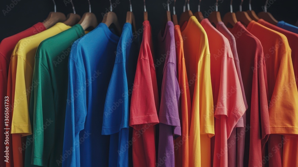 Rainbow Colored Shirts Displayed on Hangers in a Vibrant Array Showcasing Various Hues for Fashion and Apparel Enthusiasts Rainbow Colored Shirts Displayed on Hangers in a Vibrant Array Showcasing Various Hues for Fashion and Apparel Enthusiasts