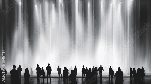 The image is a monochrome photograph depicting a large group of people silhouetted against a backdrop of a tall, cascading water feature.  The water appears to be powerfully jetted upwards,