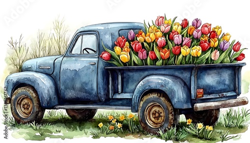 Vintage Truck Overflowing with Tulips