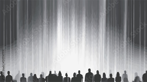 The image presents a grayscale composition featuring numerous human silhouettes arranged at the bottom of the frame against a background of vertical light streaks.  The silhouettes are largely