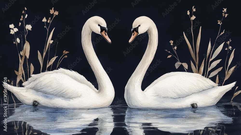 Fototapeta premium Swans form heart shape on dark water with foliage backdrop
