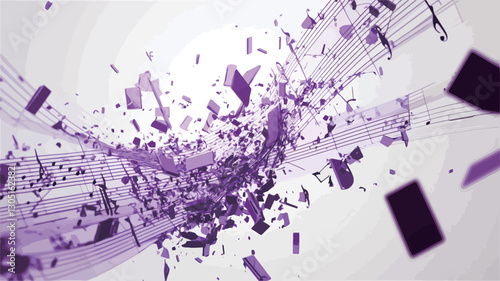 The image depicts an abstract composition featuring numerous purple fragments of varying shapes and sizes scattered across a white background.  The fragments appear to be in motion, creating a